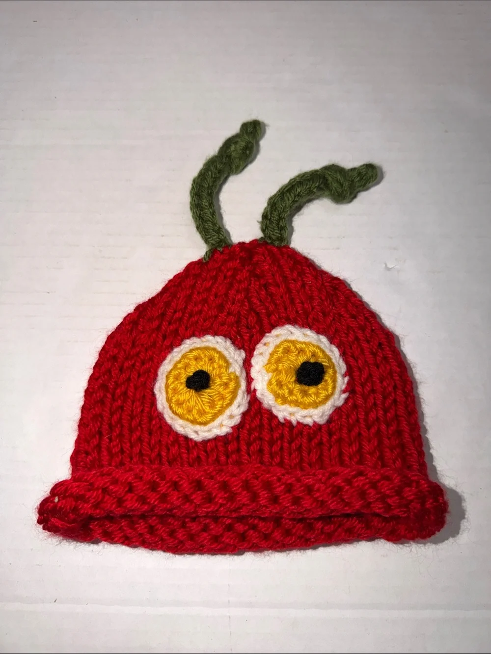 Red Knit Kids Beanie with Yellow Eye Detail and Green Antennae